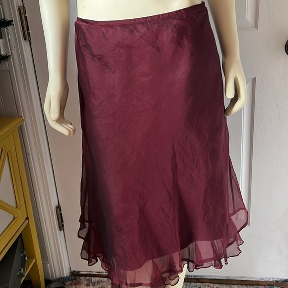 𝅺tiar Los Angeles A-Line Linen & Silk Organza Red Wine Burgundy Midi Skirt M - Picture 1 of 12